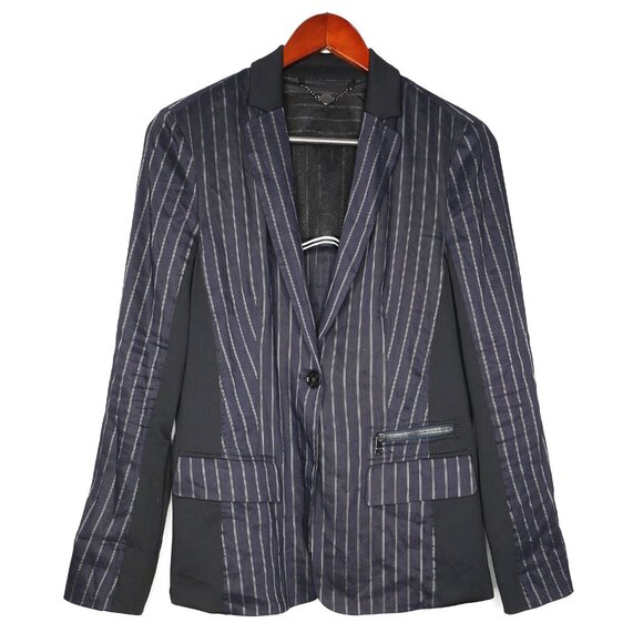 Marc Cain Linen Blend Striped Blazer Lightweight Jacket Navy Black Stretch - Picture 3 of 11
